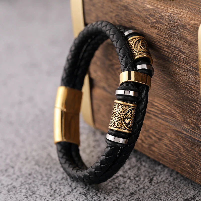 Pulsera Negra de Cuero Mitología Vikinga oro2