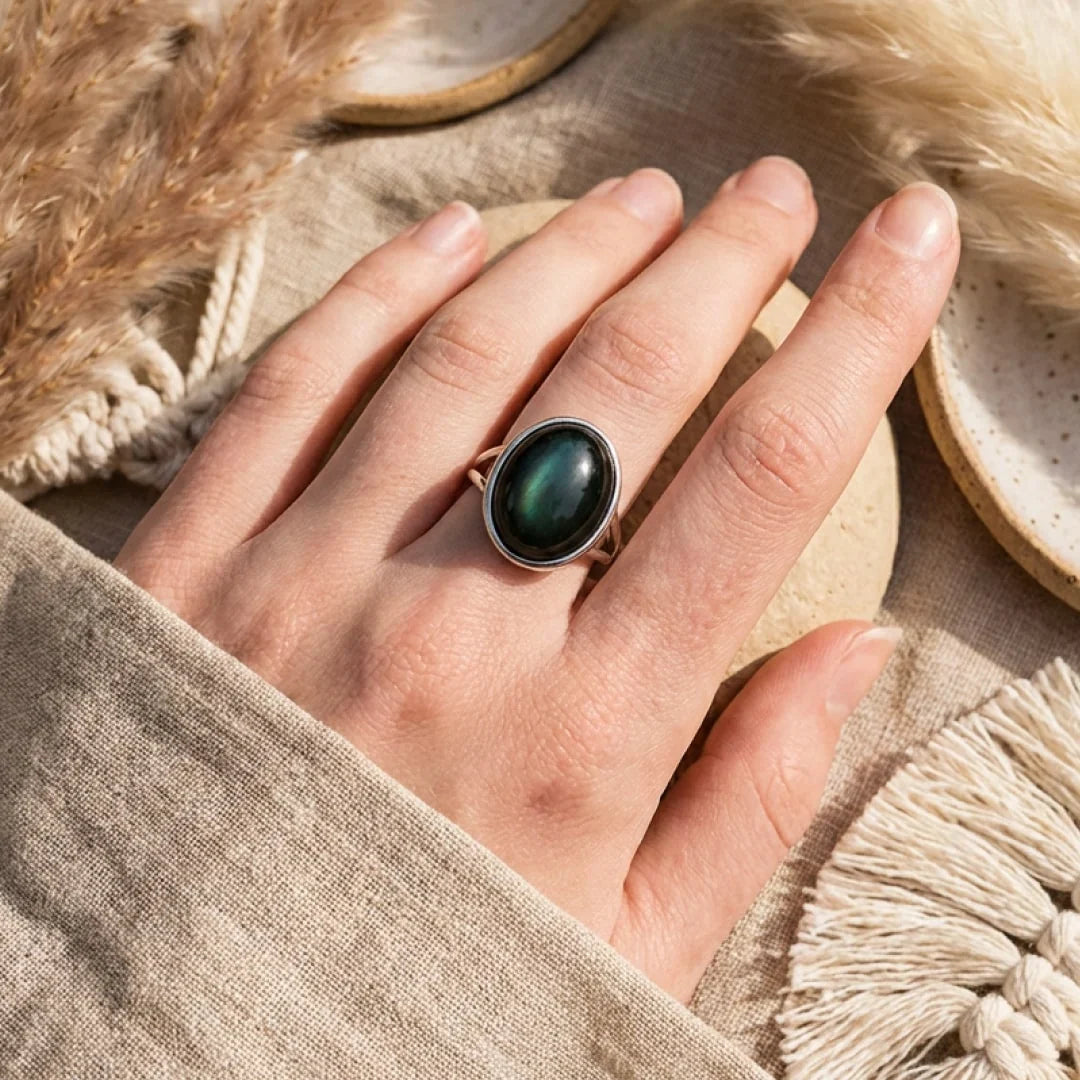 Adjustable "Awakening of the Soul" ring in celestial eye obsidian 