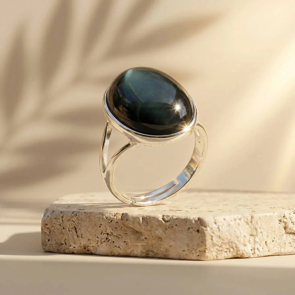 Adjustable "Awakening of the Soul" ring in celestial eye obsidian 