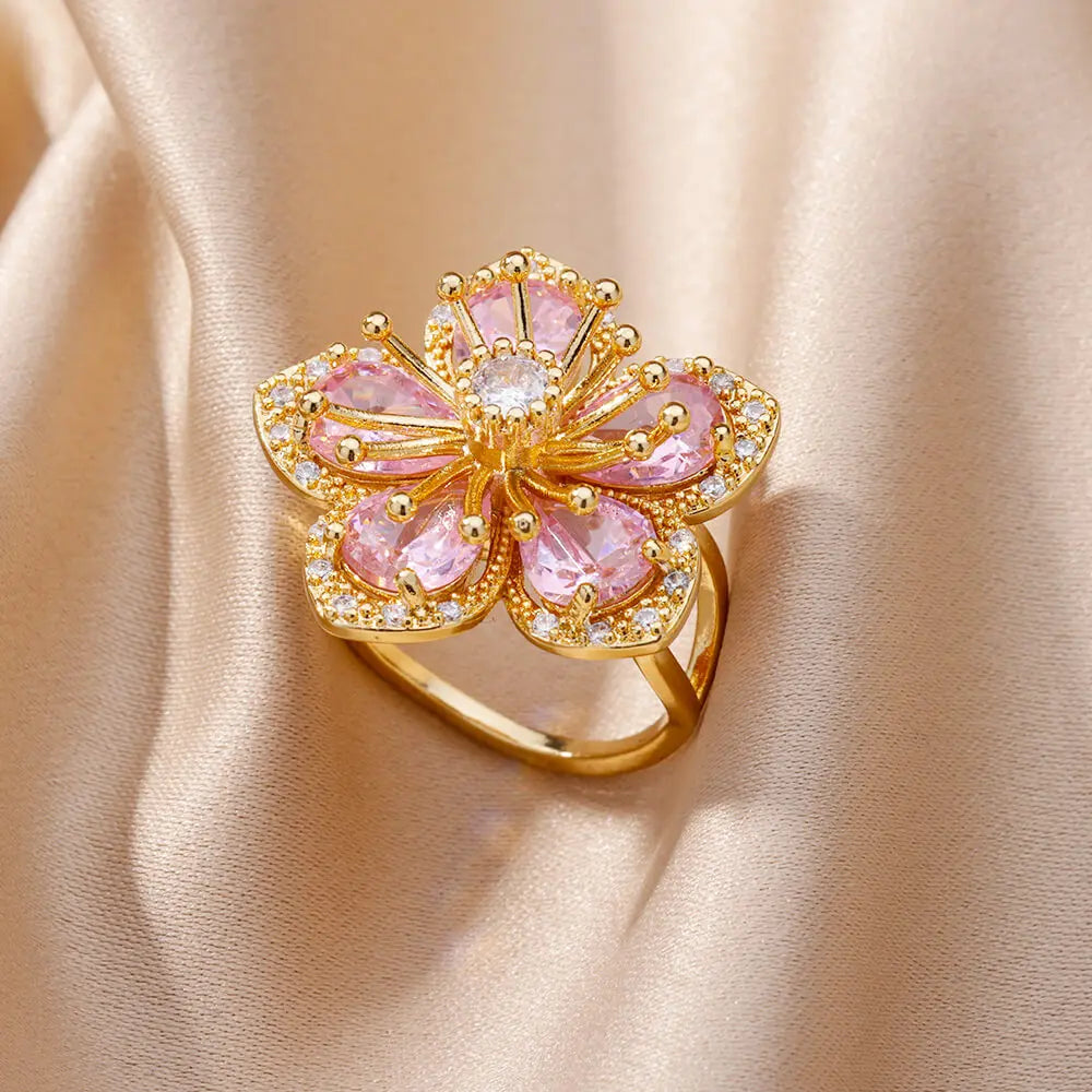 Anillo Flor de 5 Pétalos con Circonio rosa