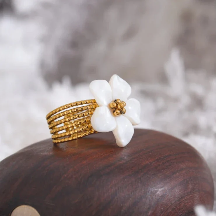 White Flower Band Ring