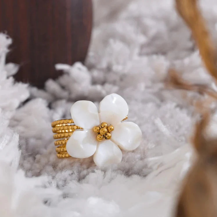 White Flower Band Ring