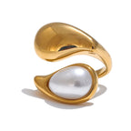 White Pearl Water Drop Ring Band gold