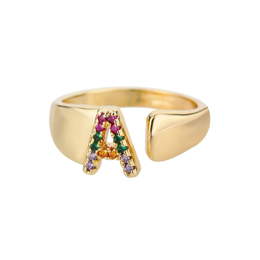 Rainbow initial letter ring for women