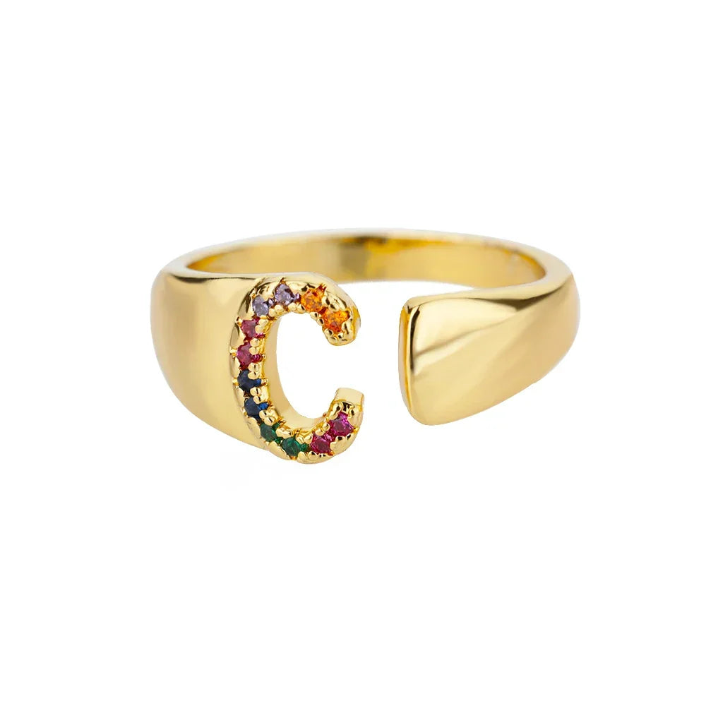 Rainbow initial letter ring for women