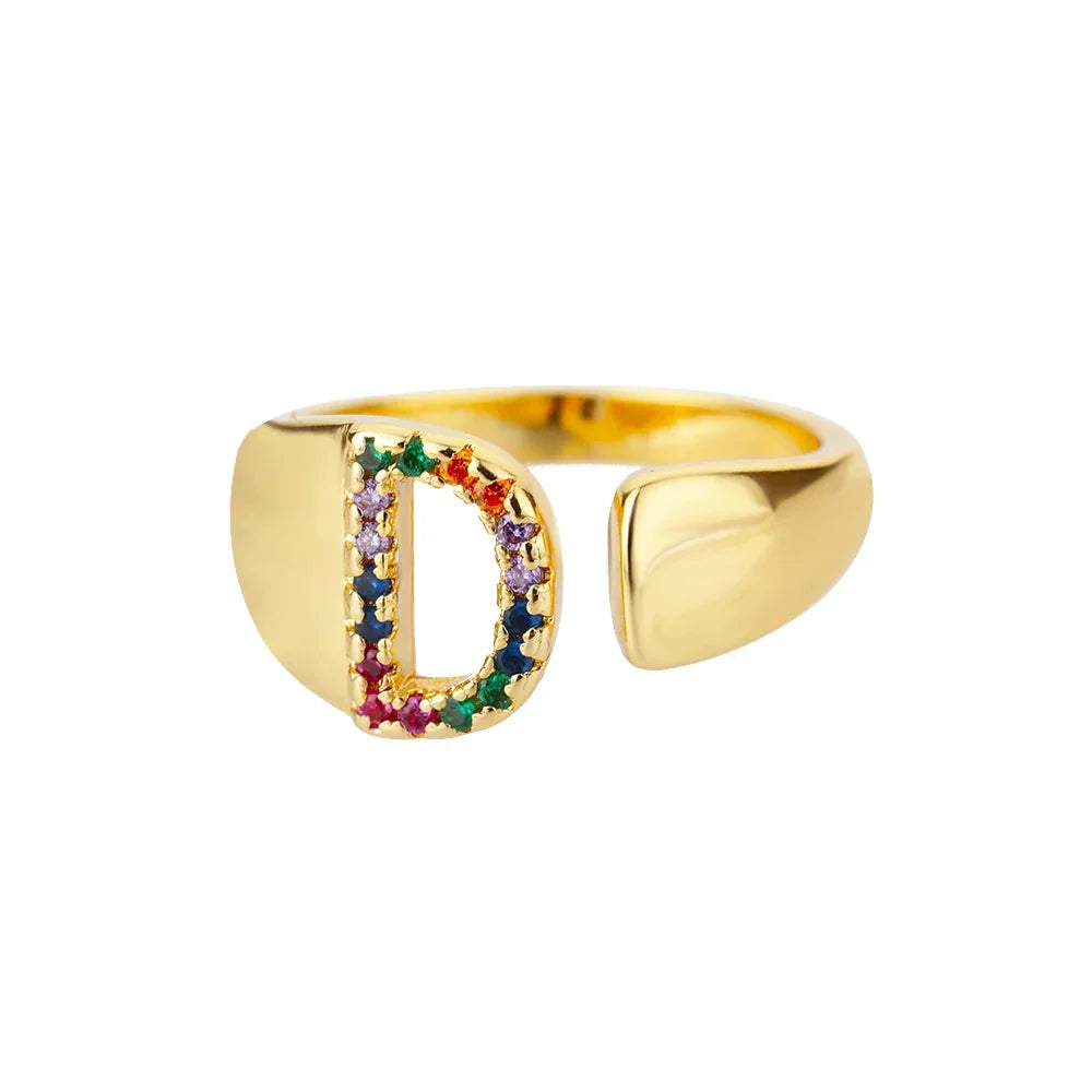 Rainbow initial letter ring for women