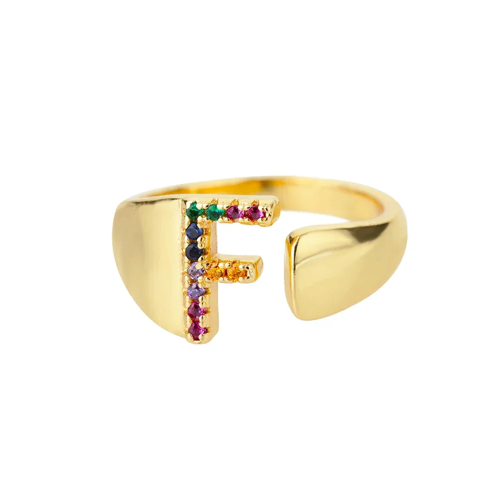 Rainbow initial letter ring for women