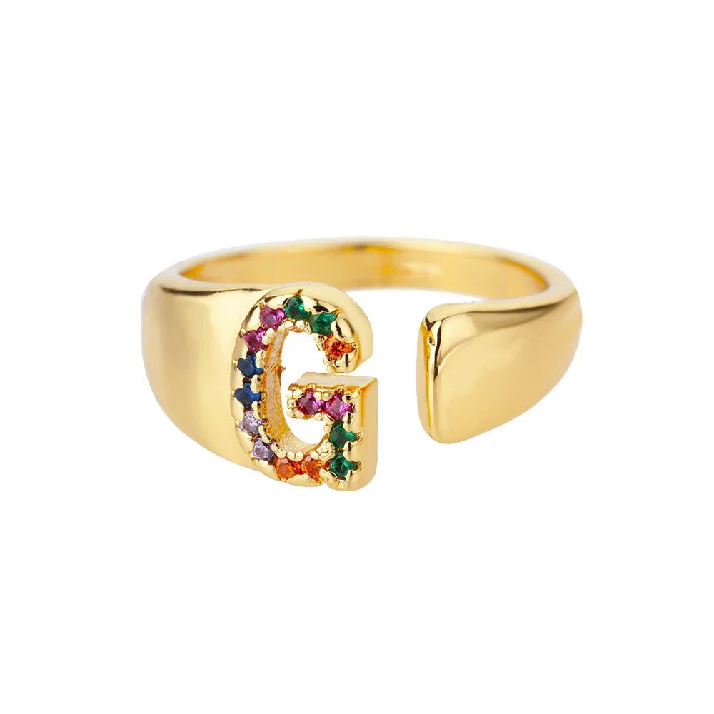 Bague large personnalisée avec initiale arc-en-ciel g