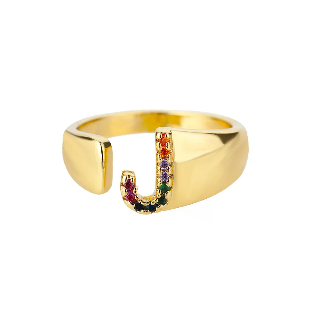 Rainbow initial letter ring for women
