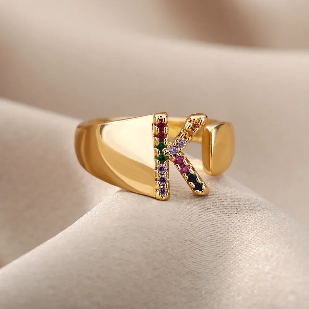 Rainbow initial letter ring for women