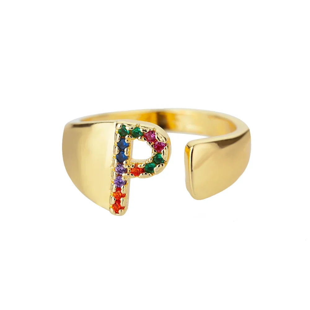 Rainbow initial letter ring for women