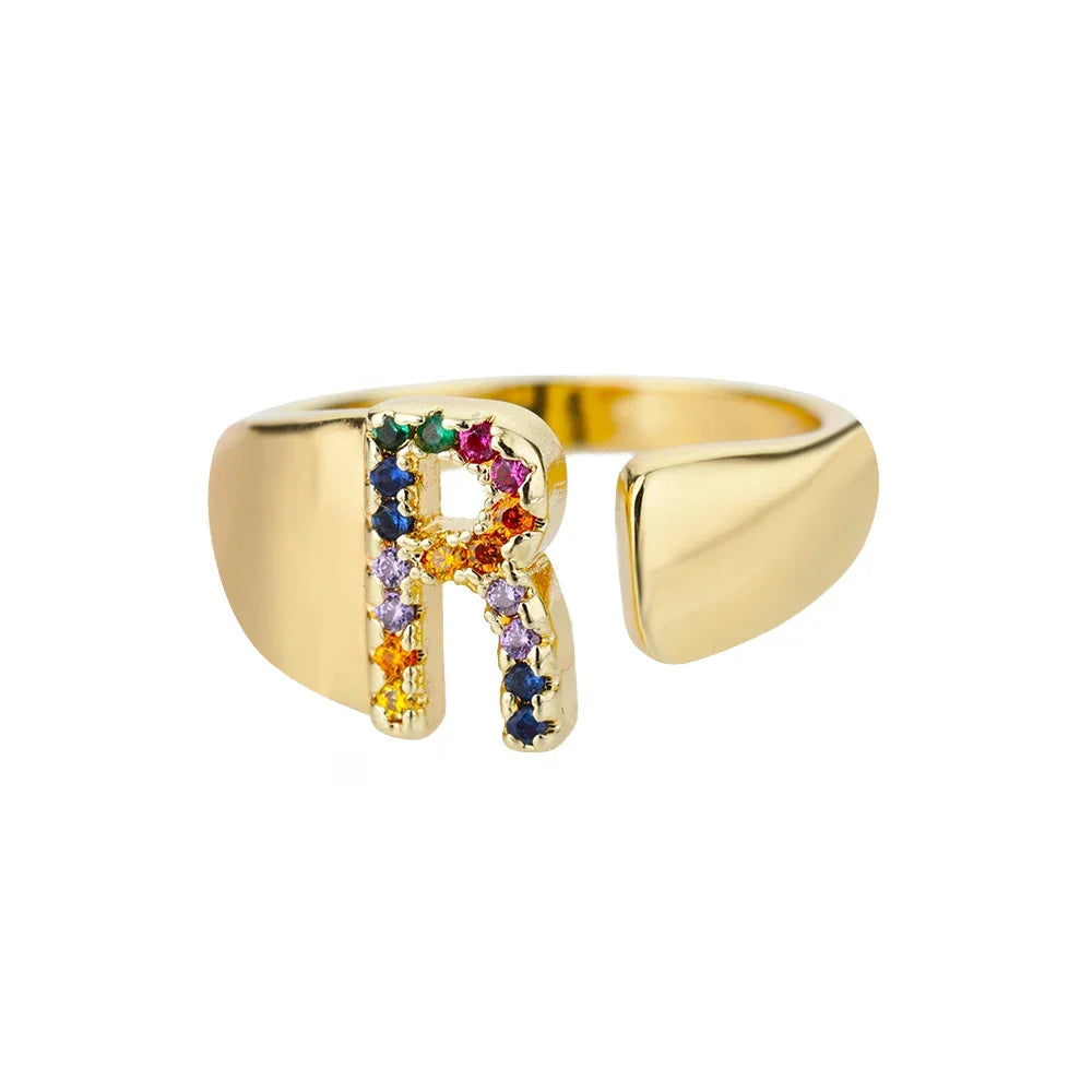 Rainbow initial letter ring for women