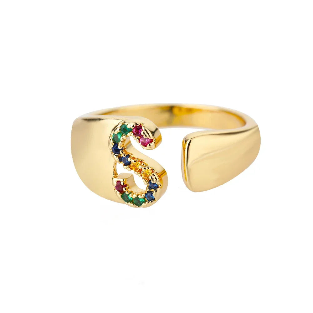 Rainbow initial letter ring for women