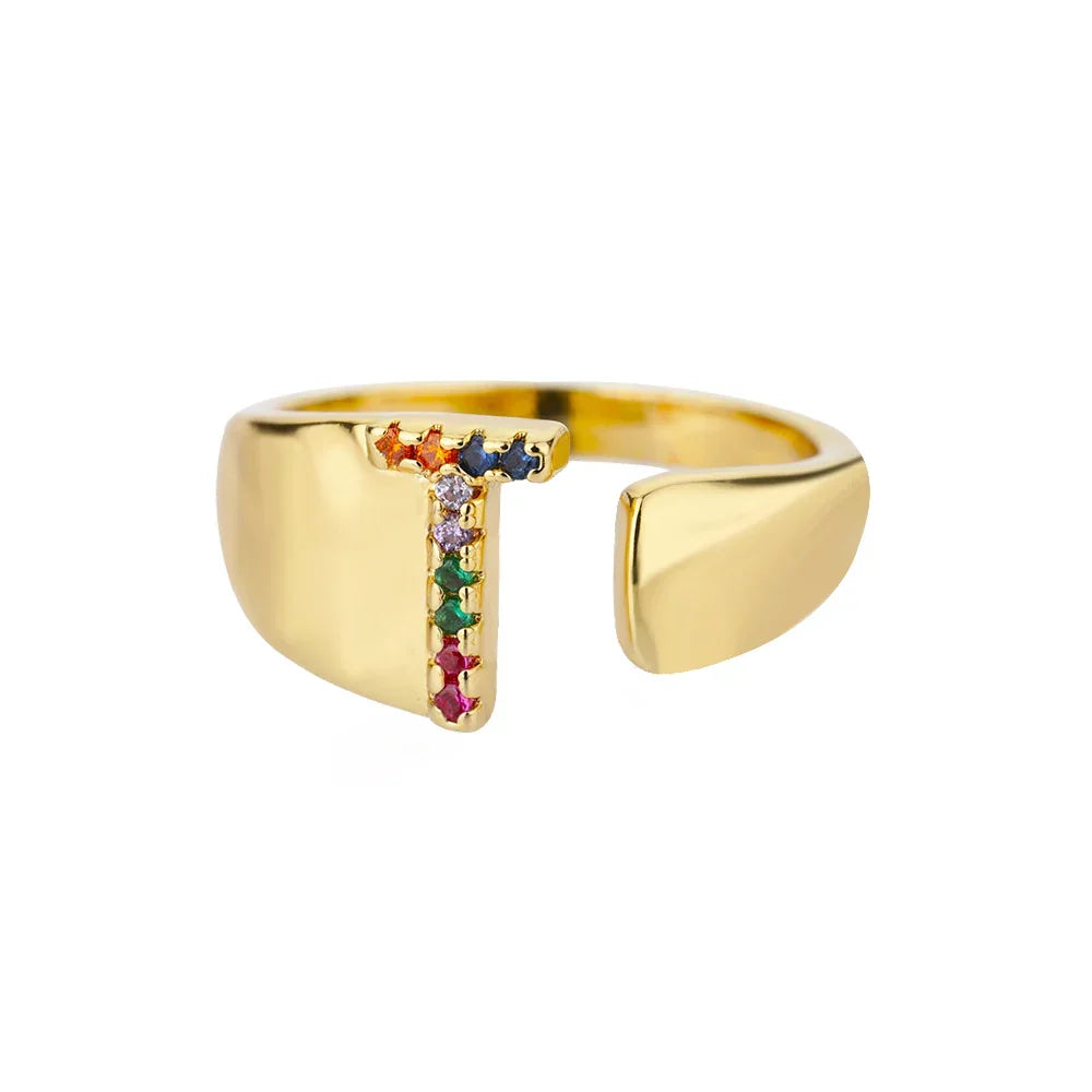 Rainbow initial letter ring for women