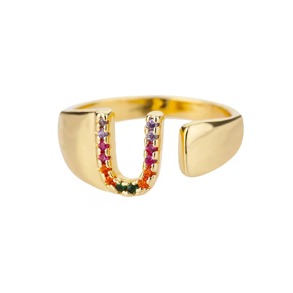 Rainbow initial letter ring for women