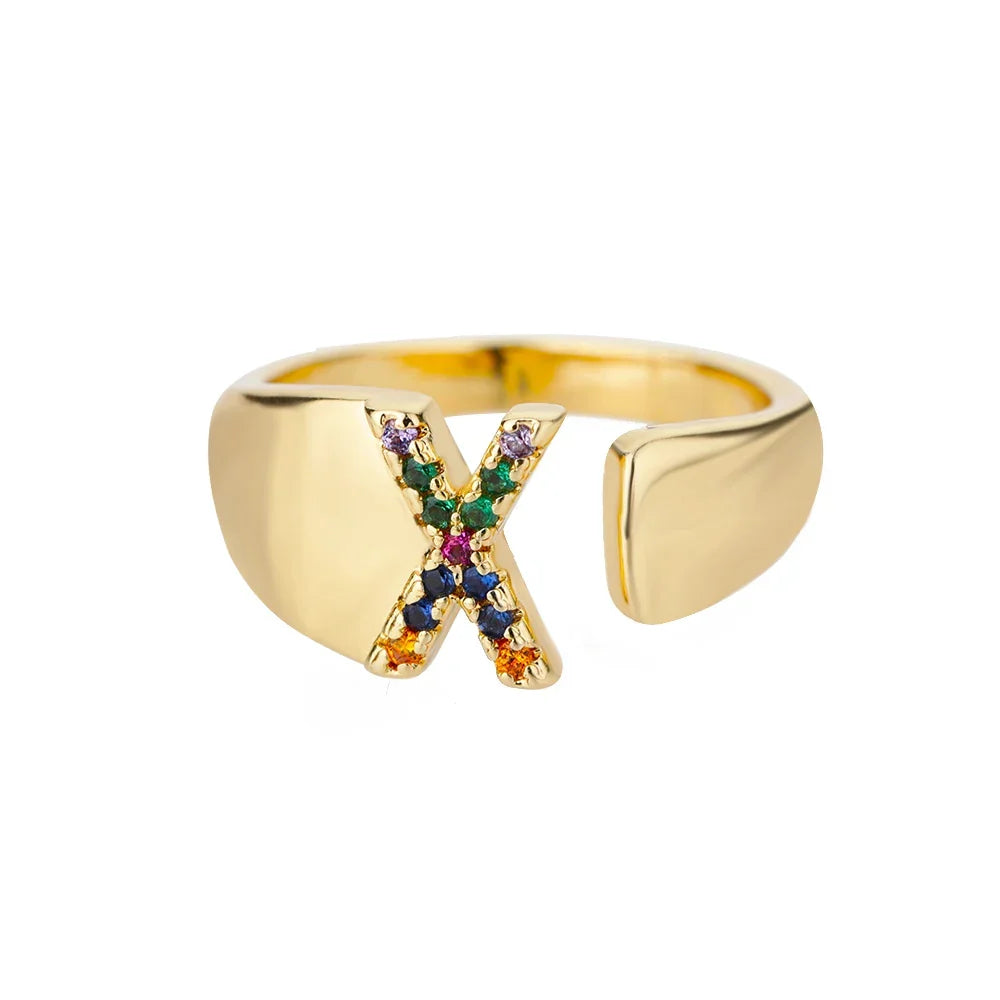 Rainbow initial letter ring for women