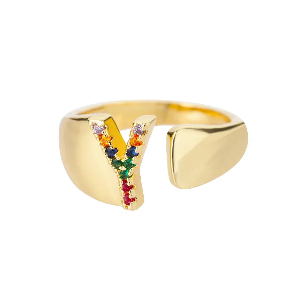 Rainbow initial letter ring for women