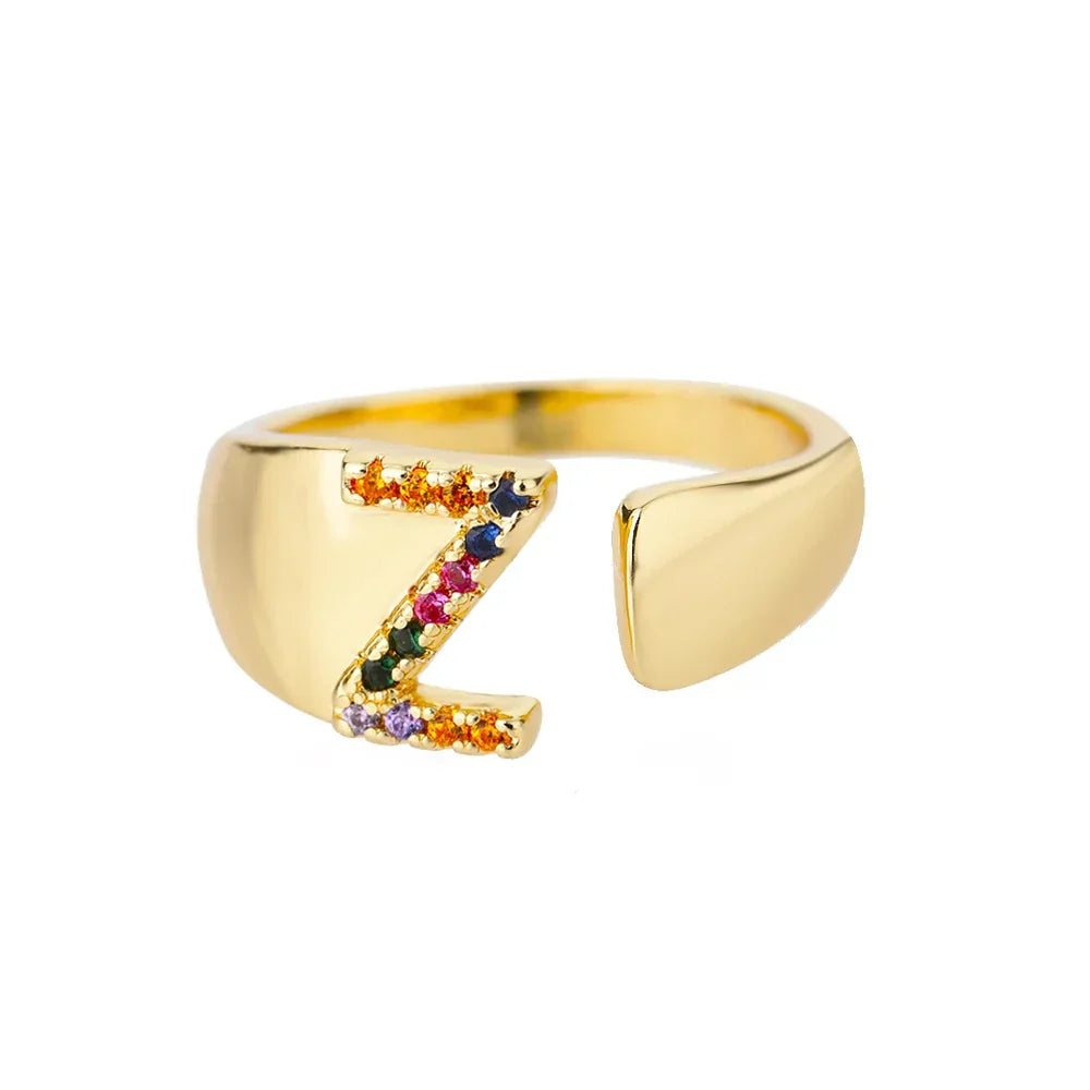 Rainbow initial letter ring for women