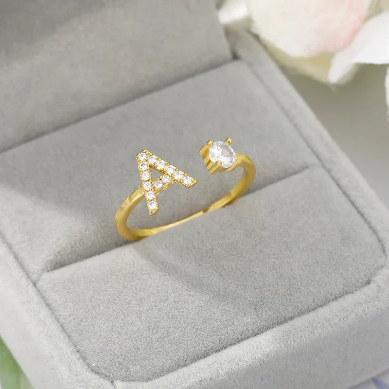 Women's rhinestone initial letter ring