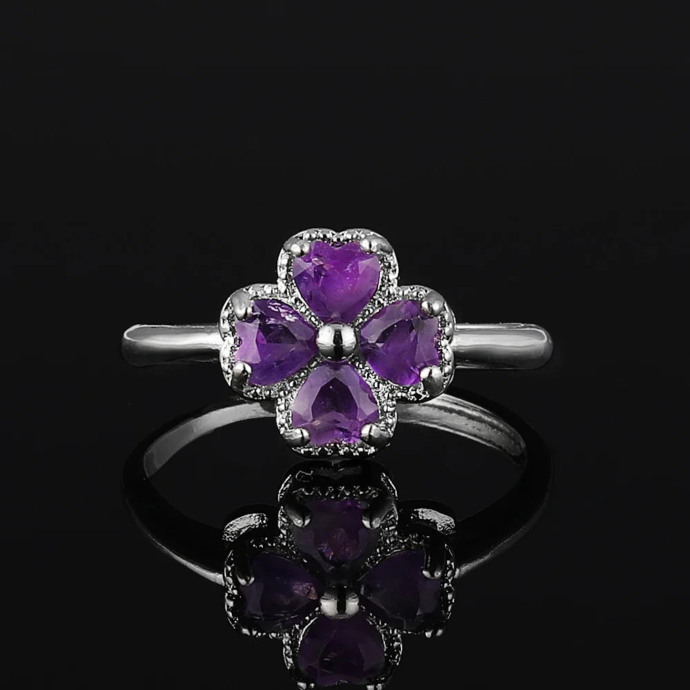 Bague avec Trèfle à 4 Feuilles en Pierre d'Améthyste