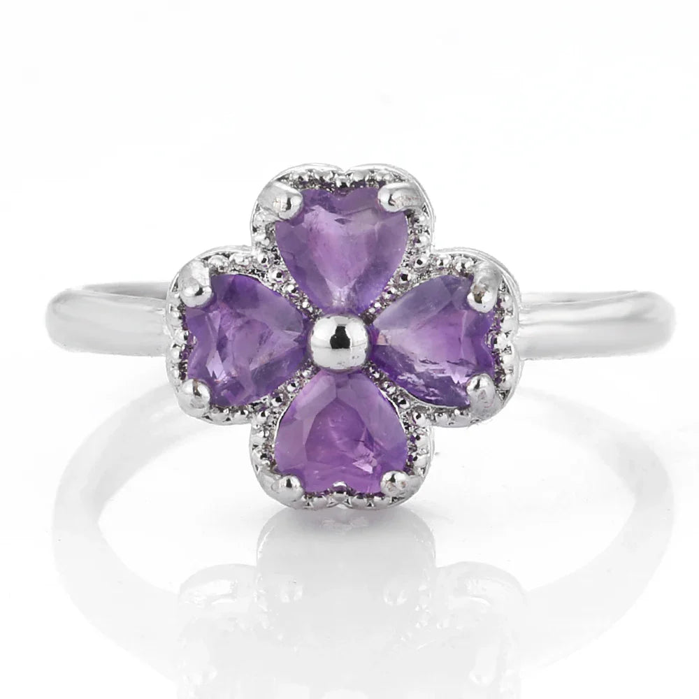 Bague avec Trèfle à 4 Feuilles en Pierre d'Améthyste