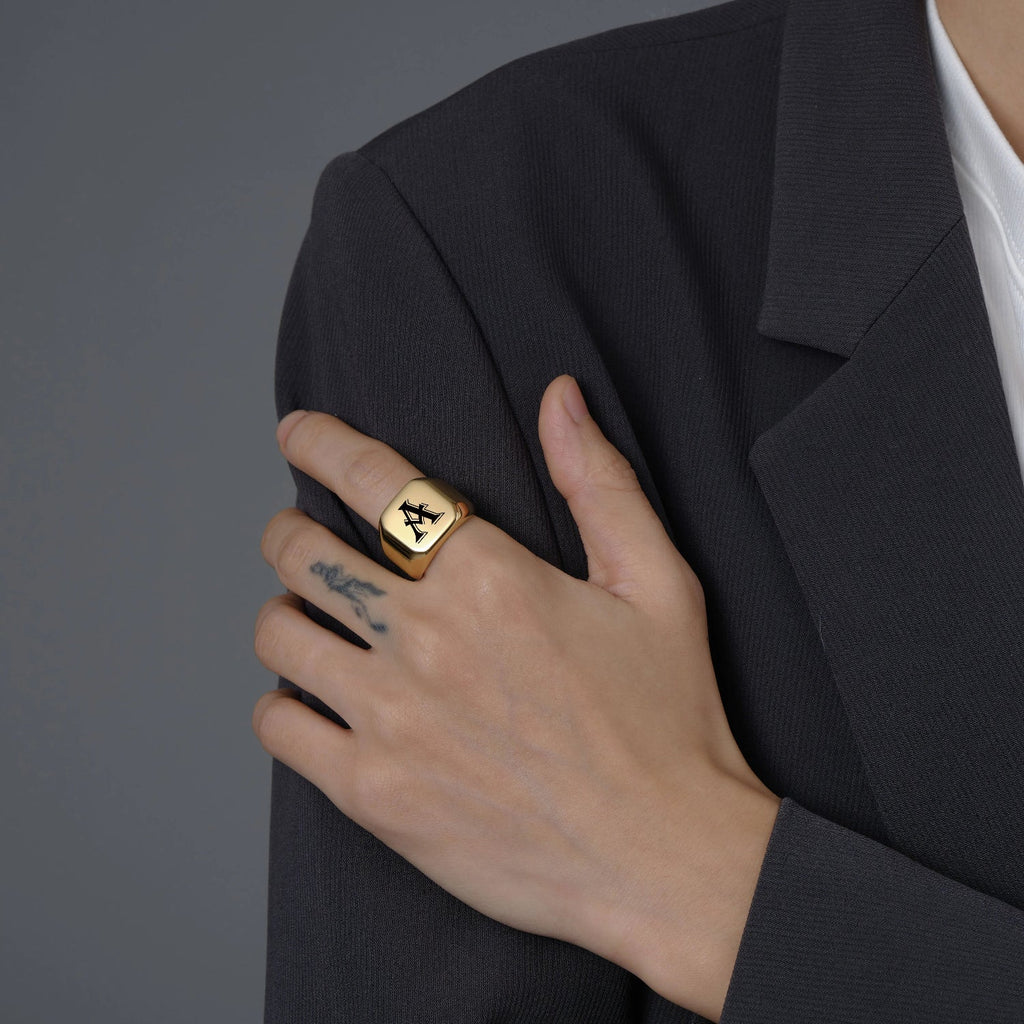 Square signet ring for men with initial letter
