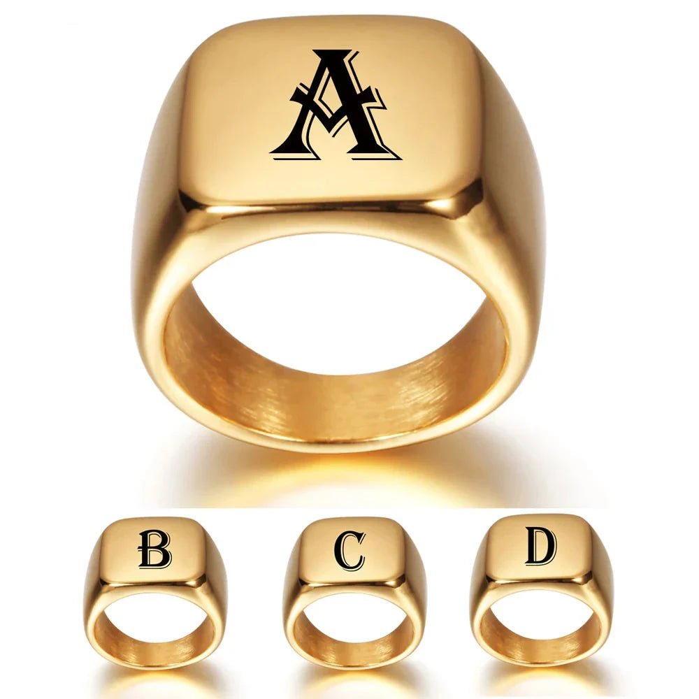 Square signet ring for men with initial letter