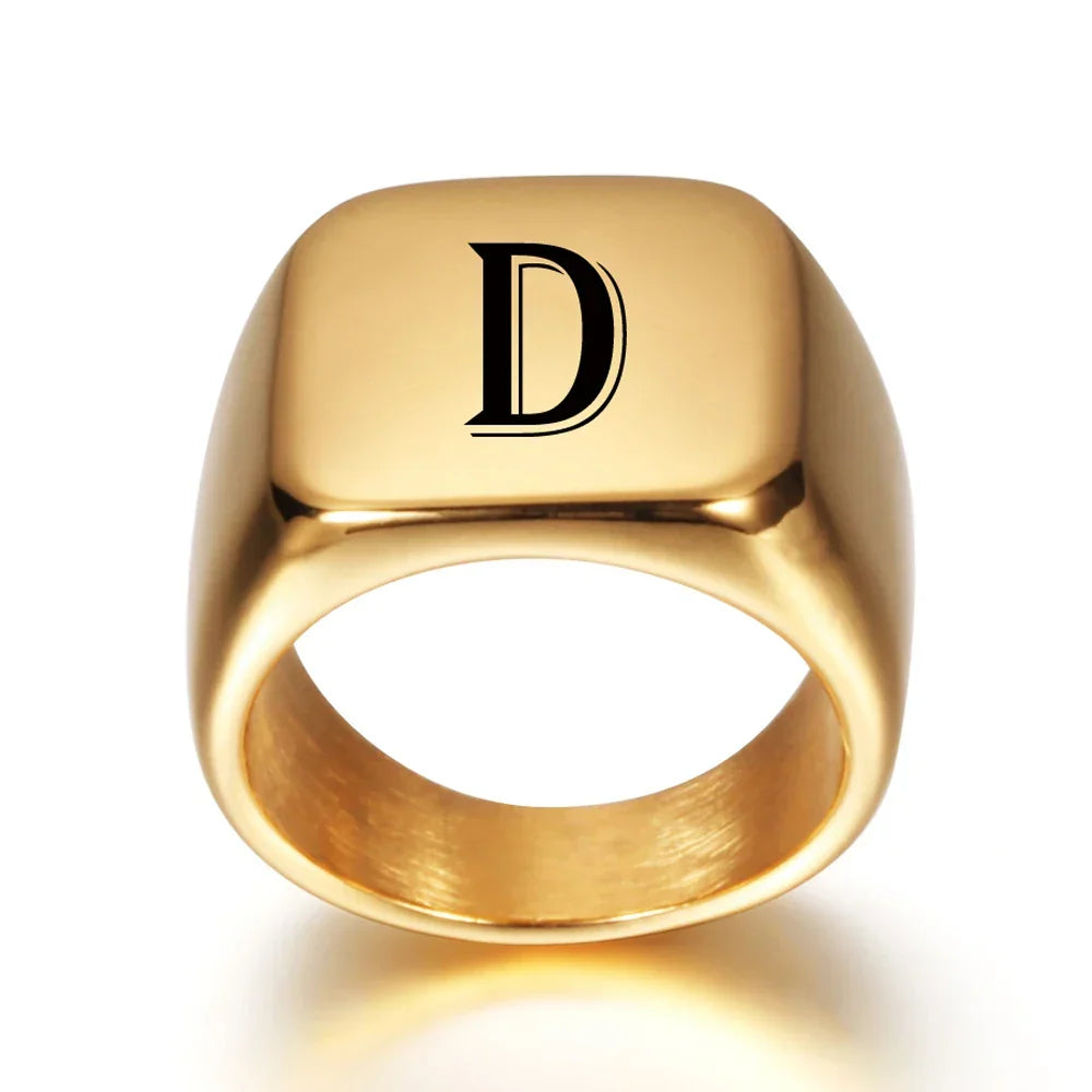 Square signet ring for men with initial letter