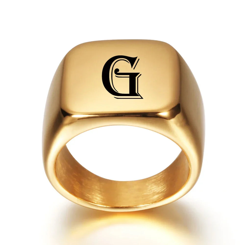 Square signet ring for men with initial letter
