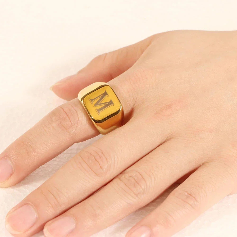 Square signet ring for men with initial letter