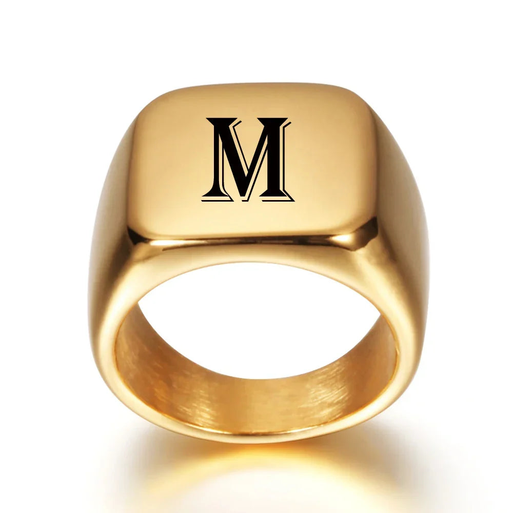 Square signet ring for men with initial letter