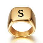 Square signet ring for men with initial letter