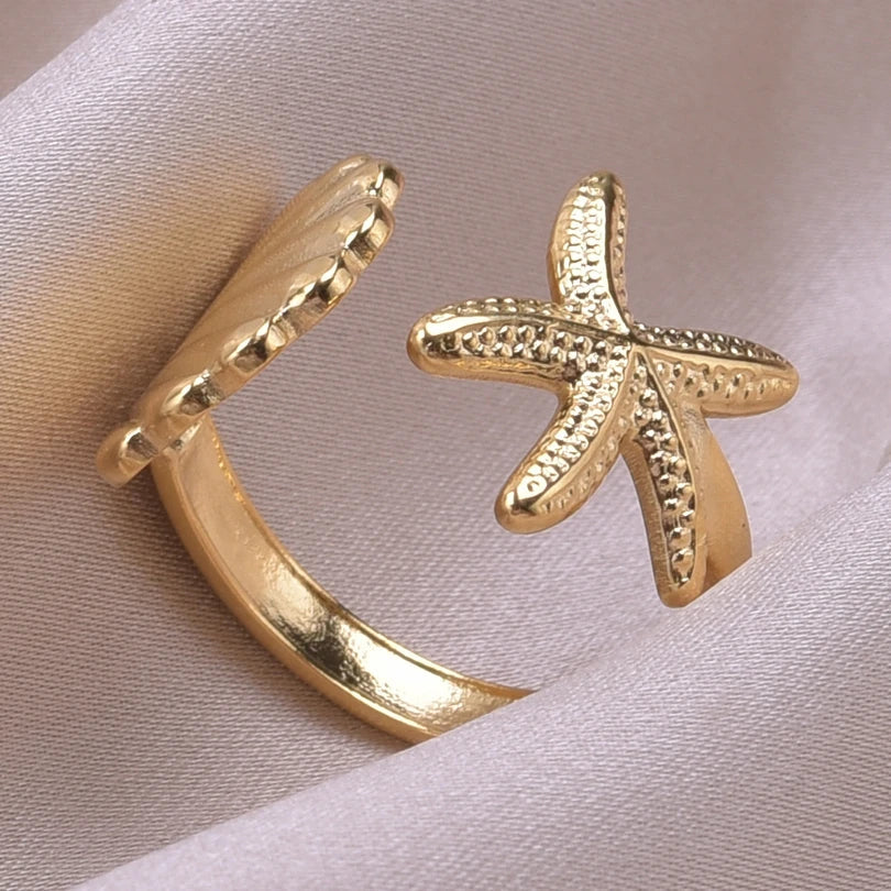 Bague Coquillages Etoile de Mer et Coquille Saint-Jacques or