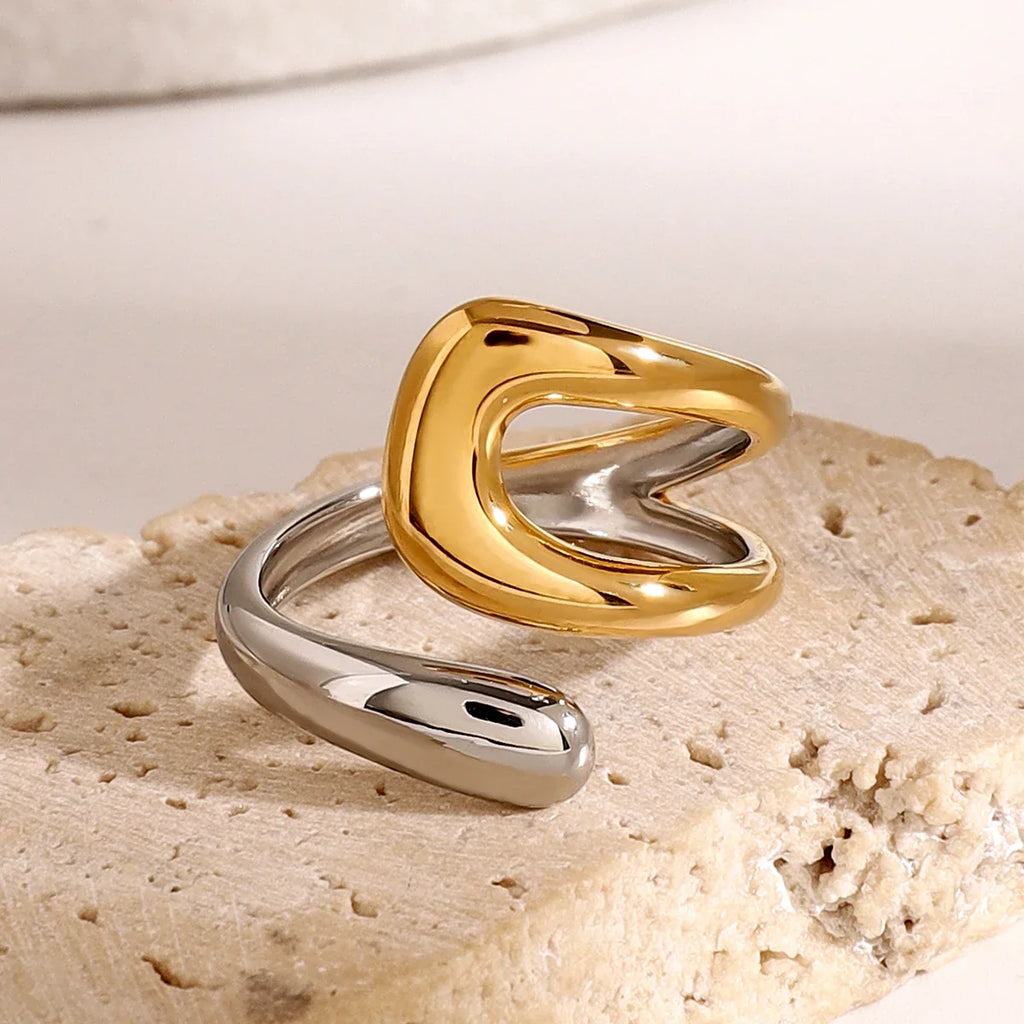 Bague Dorée et Argentée Anneau Goutte d'Eau Creuse