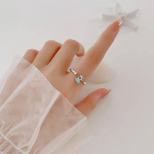 Bague Coquillages Etoile de Mer et Coquille Saint-Jacques et Zircon argent