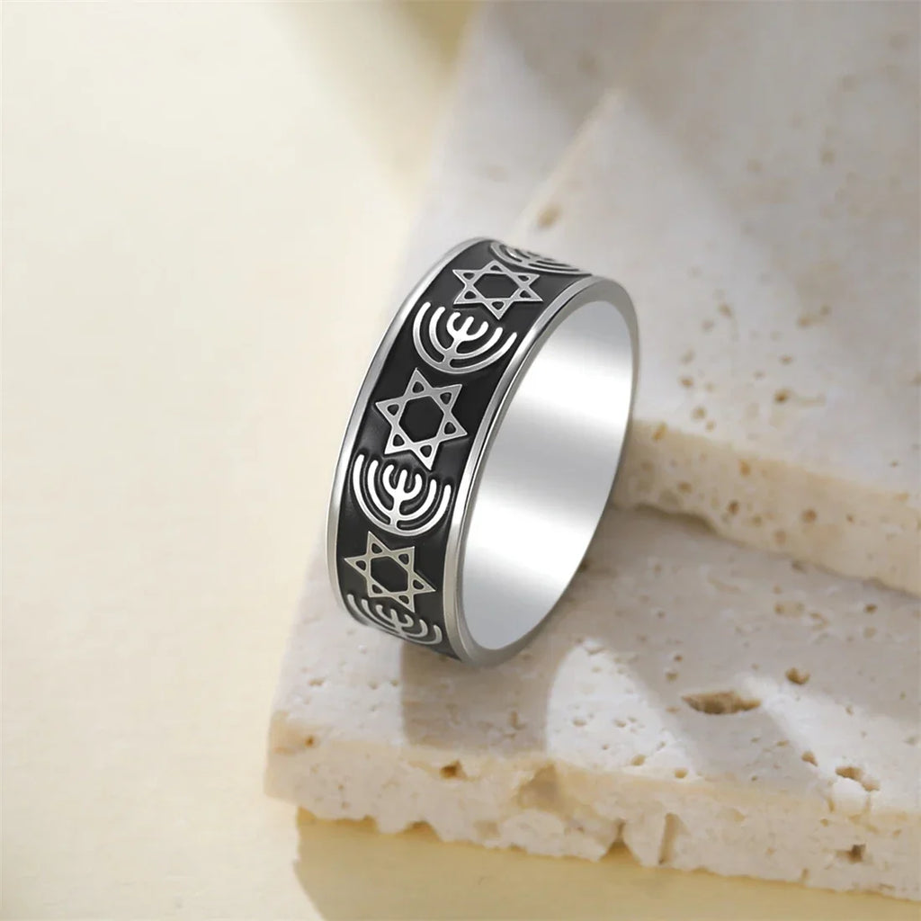 Wide ring with Menorah and Star of David Jewish symbols