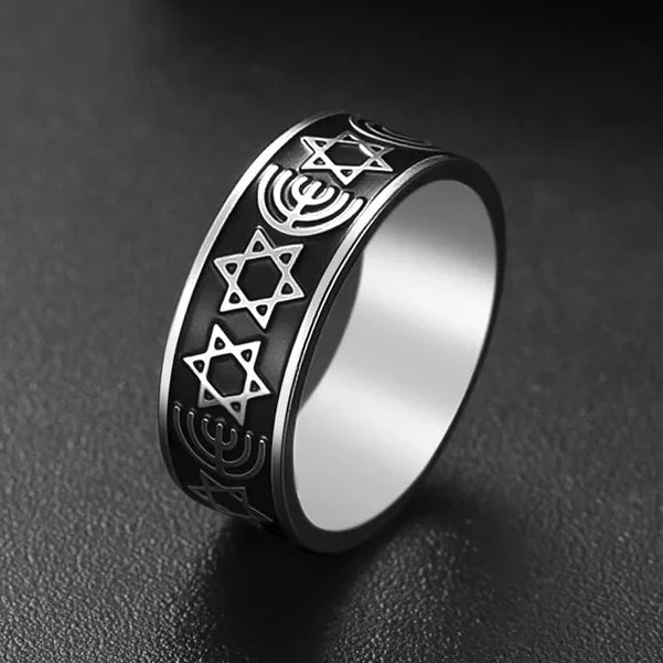 Wide ring with Menorah and Star of David Jewish symbols