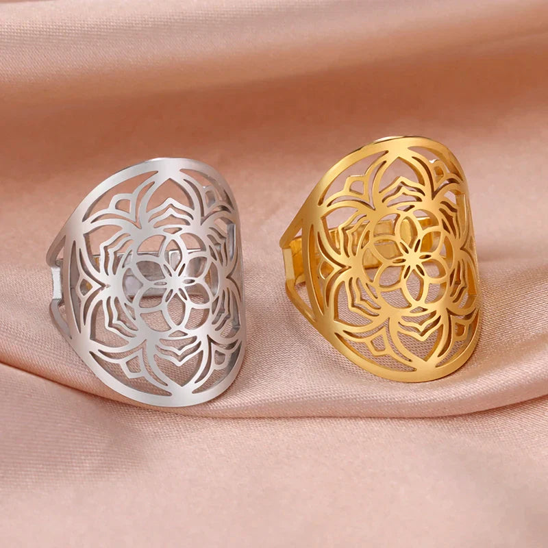 Mandala Ring for Women Gold Flower Band