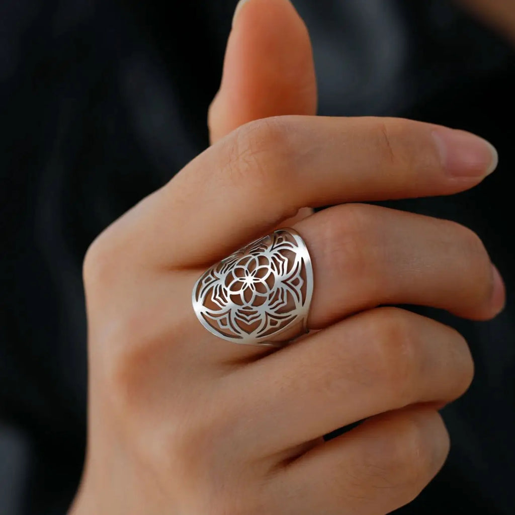 Mandala Ring for Women Silver Flower Band