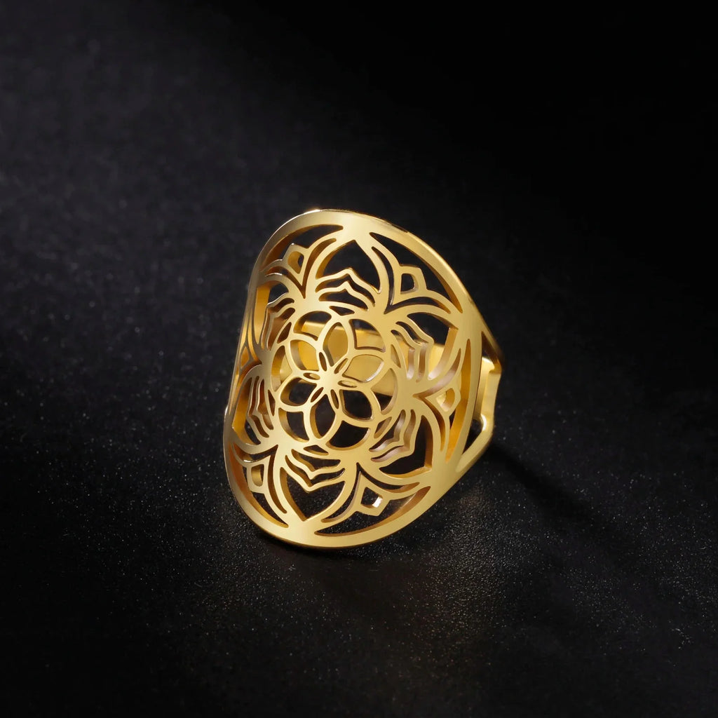 Mandala Ring for Women Gold Flower Band