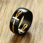 Bague Motif Croix Egyptienne Noir et Or