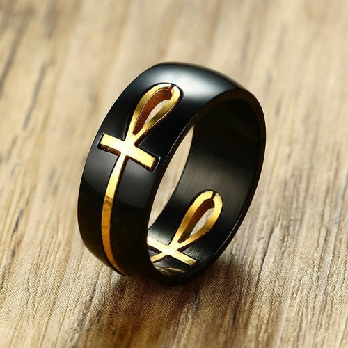 Bague Motif Croix Egyptienne Noir et Or