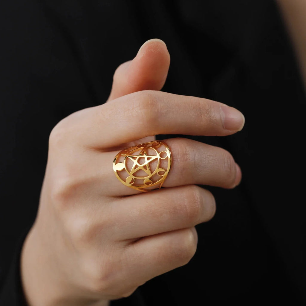 Anillo Pentáculo Hechicería Anillo Wicca oro