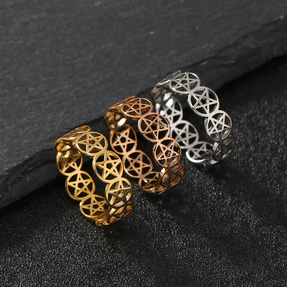 Women's Pentacle Witchcraft Ring Wiccan Gold Band