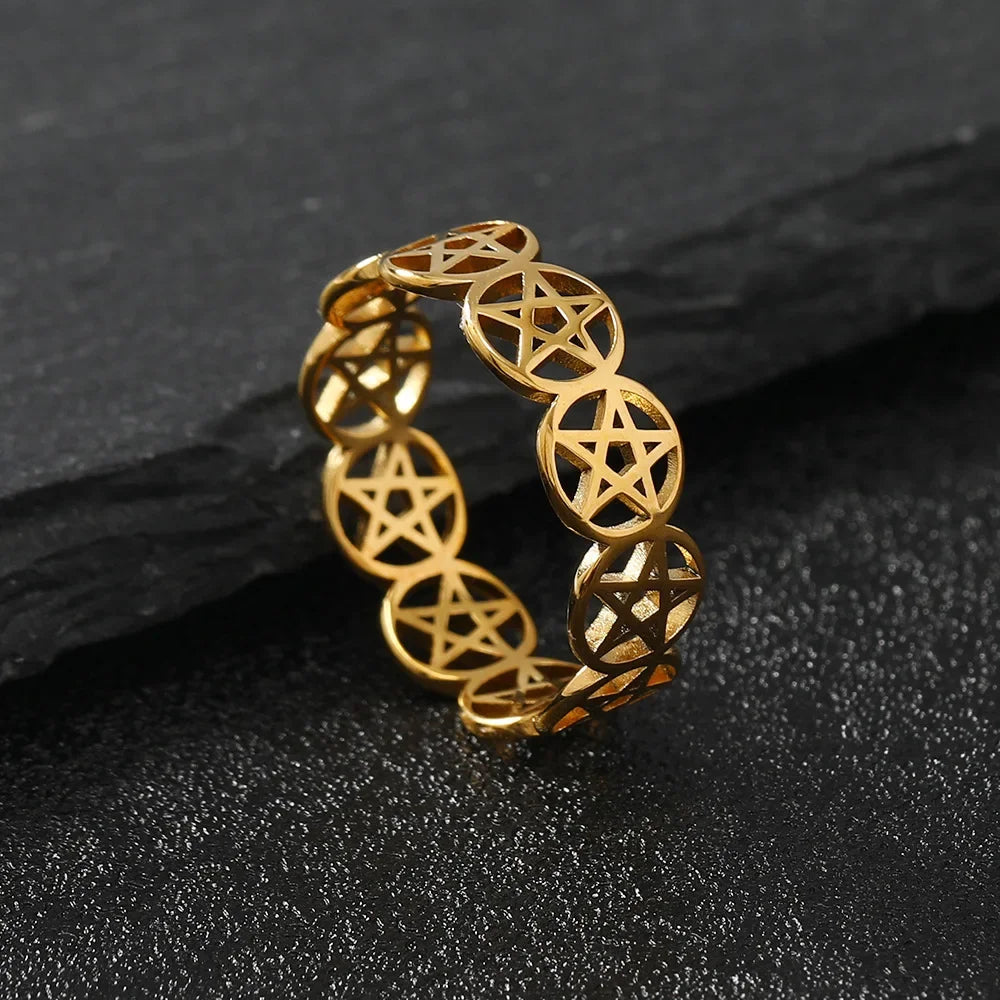 Women's Pentacle Witchcraft Ring Wiccan Gold Band