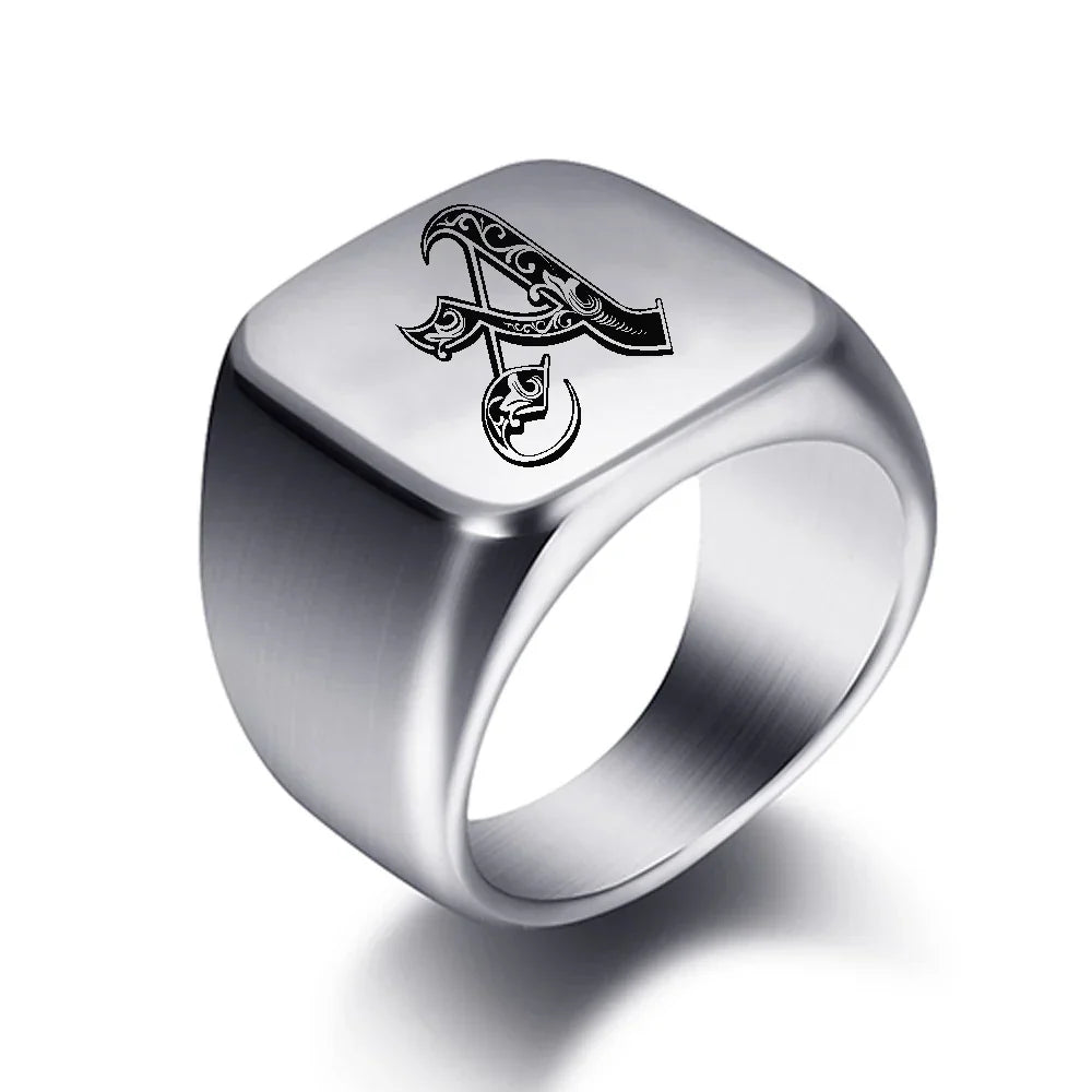 Silver-toned men's initial letter ring