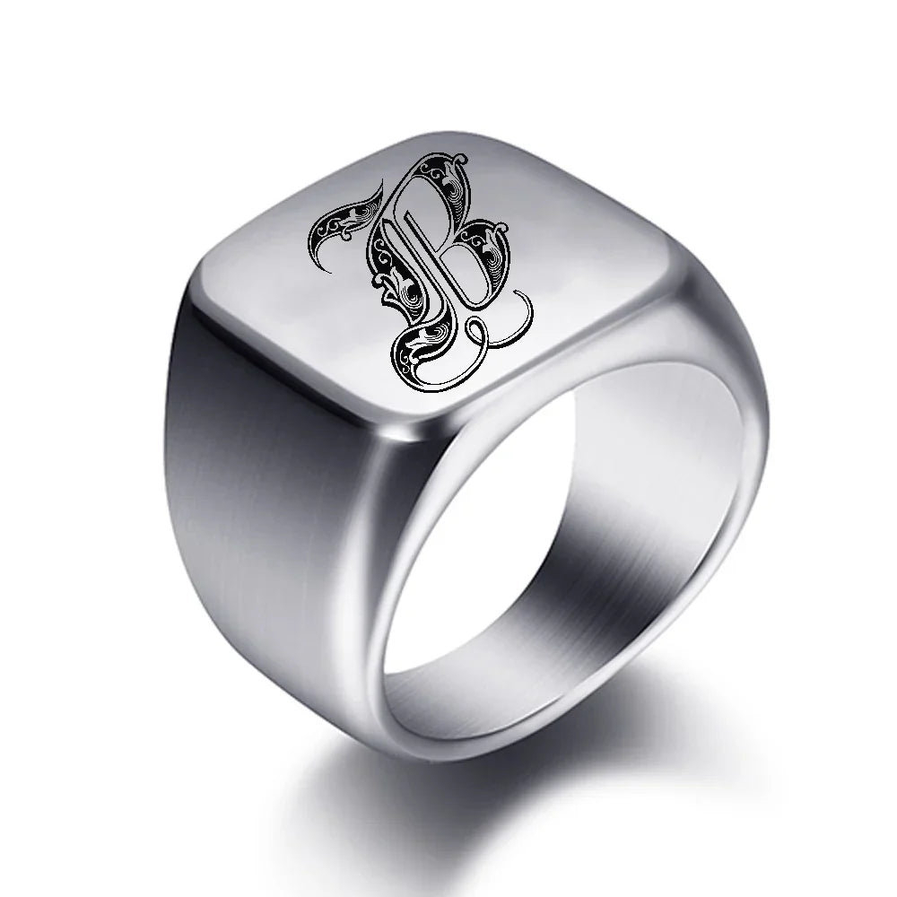 Silver-toned men's initial letter ring