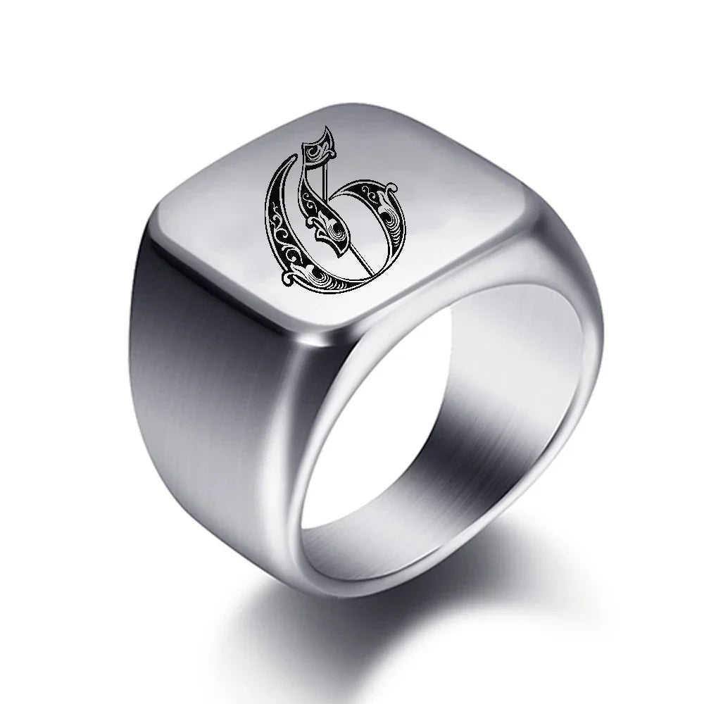 Silver-toned men's initial letter ring