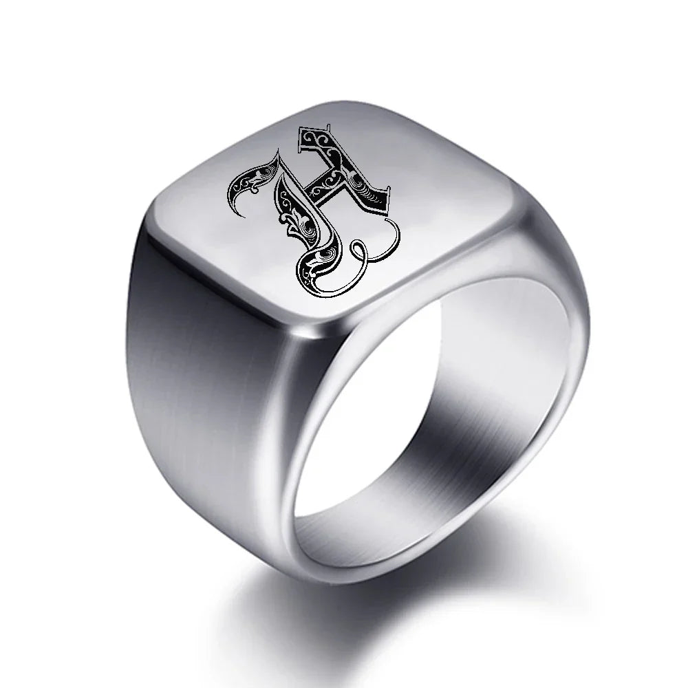 Silver-toned men's initial letter ring