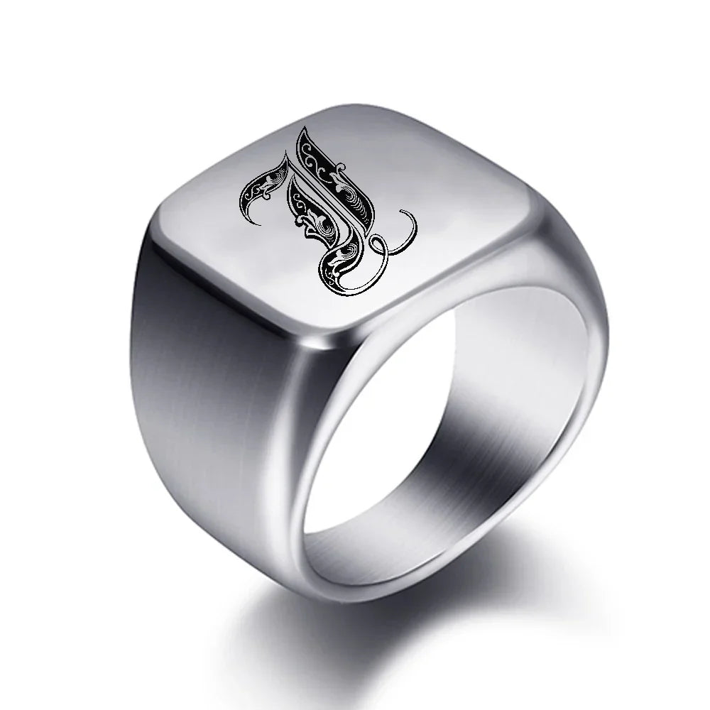 Silver-toned men's initial letter ring